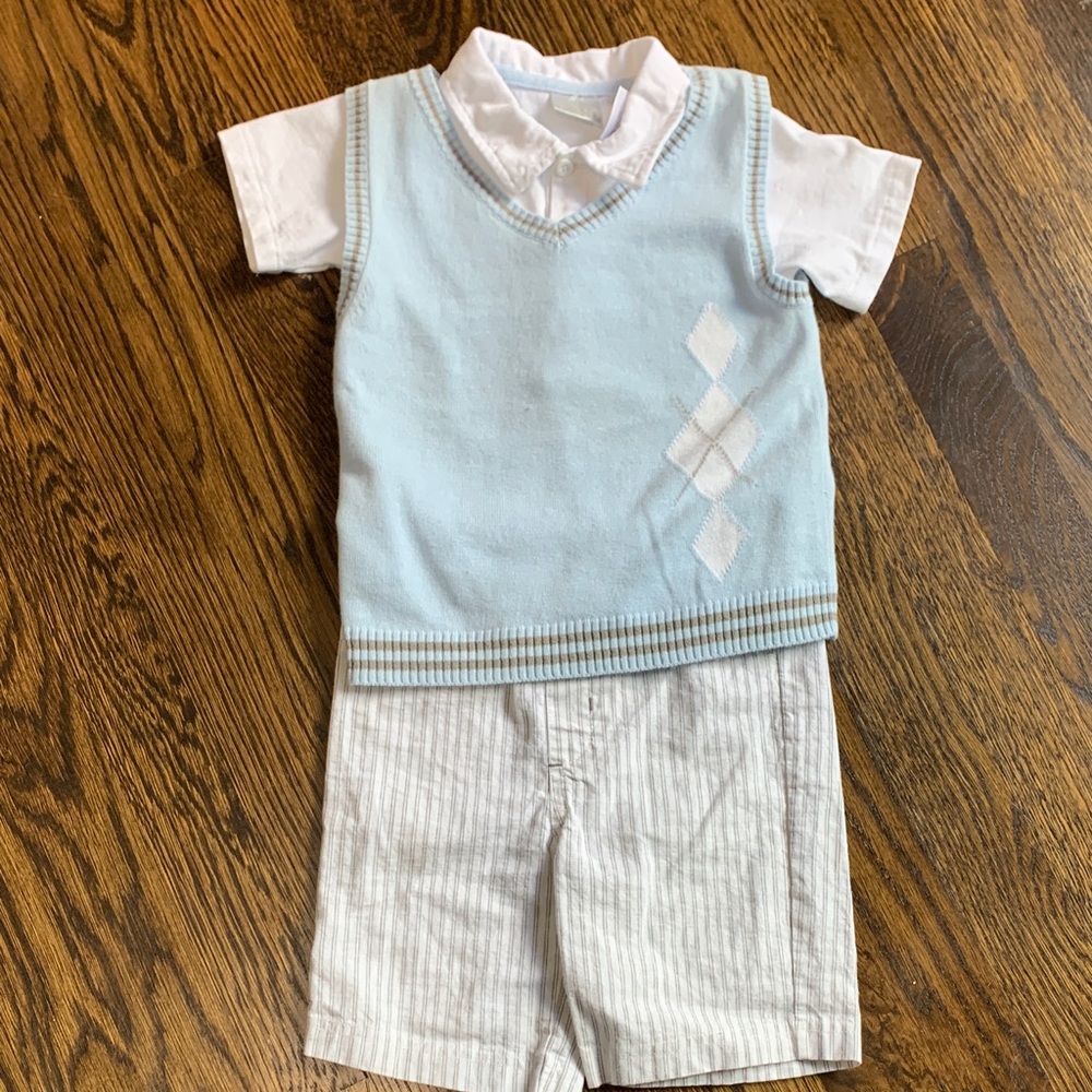 Light Blue Argyle Vest with White Shirt and Shorts Set - 24mo